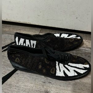 Colorwerks Vintage Beaded Black and White Lace-Up Shoes patterned